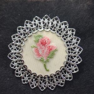 Vintage Petit Point Floral Embroidered Brooch